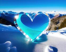 a heart shaped piece of ice with mountains in the background by photo