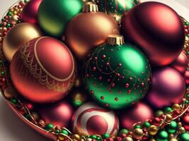 christmas balls with complex ornaments closeup by photo