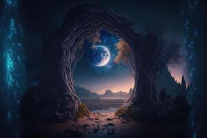 Fantasy nighttime scene future with abstract island moonlight by photo