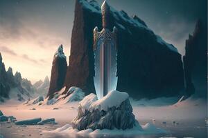 Powerful frozen sword stuck in stone at winter landscape by photo