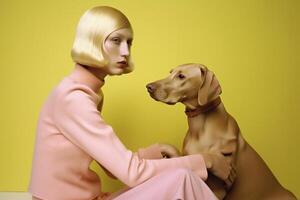 woman and Weimaraner dog in futuristic style photo