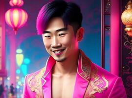 Asian Man with Pink Highlight Hair Scarce Facial Hair in Pink Suit Illustration photo