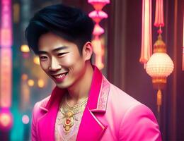 Masculine Cute and Handsome Asian Man in Pink Suit with Asian Ornaments in The Background Illustration photo