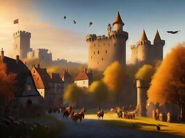 paisaje de un castillo con aves congregación alrededor y comerciantes con caballos fuera de el castillo ilustración ai generado foto