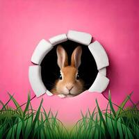 Cute rabbit popping out of a hole background. photo