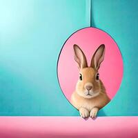 Cute rabbit popping out of a hole background. photo