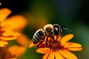 Bee is collecting nectar from a blossom with . photo