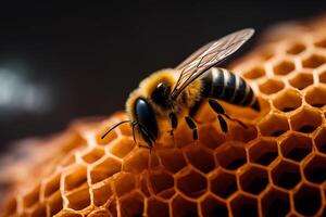 Bee is collecting honey in a beehive with . photo