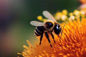 Bee is collecting nectar from a blossom with . photo