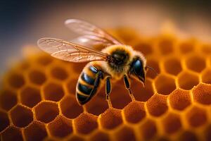 abeja es coleccionar miel en un Colmena con ai generado. foto