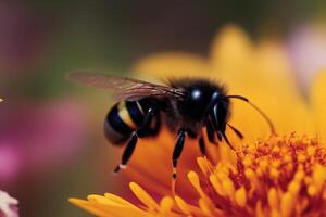 Bee is collecting nectar from a blossom with . photo