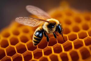 Bee is collecting honey in a beehive with . photo