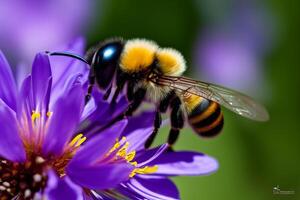 Bee is collecting nectar from a blossom with . photo