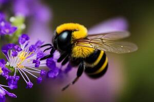 abeja es coleccionar néctar desde un florecer con ai generado. foto