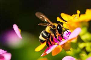 Bee is collecting nectar from a blossom with . photo