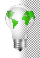 Realistic glass light bulb with a globe inside. Concept of green energy on the planet earth. Earth day, earth hour. Abstract map of the world in miniature