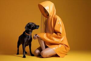 woman with Weimaraner dog in futuristic style photo