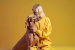 woman with Weimaraner dog in futuristic style photo