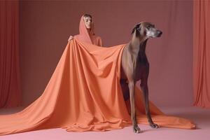 woman with Weimaraner dog in futuristic style photo