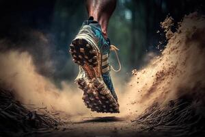 illustration of close-up at the runner feet is running on the dirt route at the jungle, street and road. Trail running sport action and human challenge concept photo