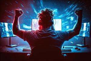 illustration of professional eSports gamer rejoices in the victory in cyber game room. Gamer celebrating victory. Winning a game. Electronic sports player rejoices victory photo