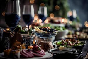 Generative AI illustration of serving table of a variety of delicious festive food and wine prepared for event party or wedding. Selective focus photo