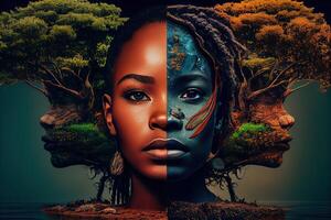 generativo ai ilustración de africano naturaleza, agua, tierra, plantas, césped, árboles, intenso mirar, hermosa foto