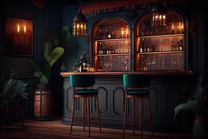 Generative AI illustration of a lounge bar, that includes elements such as a well-lit bar counter, wine glasses, lit candles and a relaxed and welcoming atmosphere photo