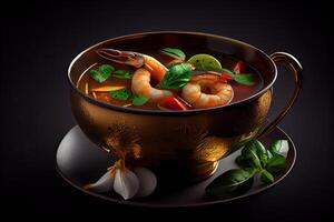 illustration of appetizing bowl of Tom Yum soup, spicy Thai soup with shrimp, seafood, coconut milk and chili pepper in bowl copy space photo