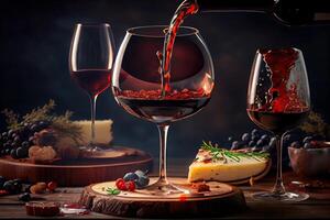 generativo ai ilustración de rojo vino es siendo vertido desde botella dentro sencillo vino vaso, en un mesa con increíble comida foto