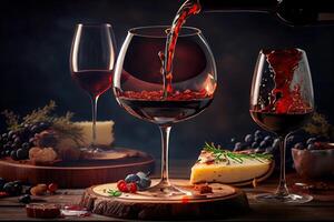 illustration of red wine is being poured from bottle into simple wine glass, on a table with incredible food photo