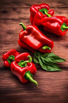Red peppers on a wooden table with green leaves photo