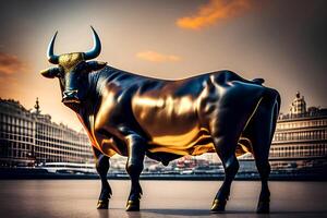A bull statue in front of a building with a sunset in the background photo