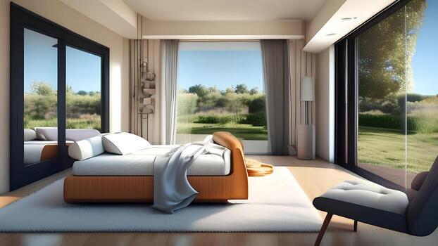 A bedroom with a bed and a chair in front of a window photo