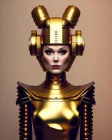 A woman with a gold helmet and a helmet that says robot photo