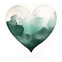 Watercolor green hearts with artistic brush strokes AI Generated, marks and stains. Handdrawn watercolour graphic drawing, cut out clipart elements for creative design decoration. photo