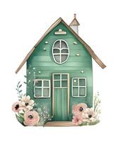 Watercolor green wooden vintage style barn in countryside landscape. Watercolor illustration of green farmhouse . Green barn, wooden windmill, village. Farm and countryside element photo