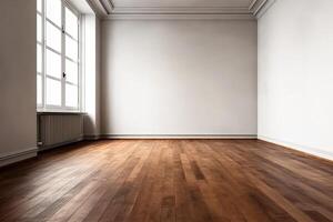 Close Up of An Empty Room White Wall and Wooden Floor Texture Illustration Background Mock Up with photo