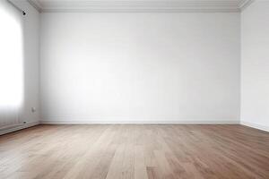 Close Up of An Empty Room White Wall and Wooden Floor Texture Illustration Background Mock Up with photo