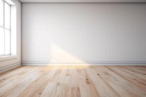 Close Up of An Empty Room White Wall and Wooden Floor Texture Illustration Background Mock Up with photo