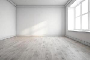 Close Up of An Empty Room White Wall and Wooden Floor Texture Illustration Background Mock Up with photo