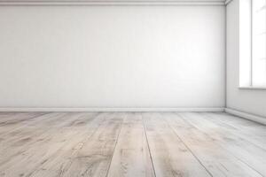 Close Up of An Empty Room White Wall and Wooden Floor Texture Illustration Background Mock Up with photo