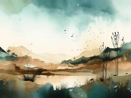 Minimalist Watercolor Landscape Art Painting with photo