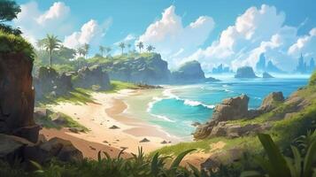 Beach Fantasy Backdrop Concept Art Realistic Illustration Background with photo
