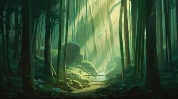 Bamboo Forest Fantasy Backdrop Concept Art Realistic Illustration Background with photo