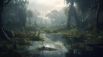 Swamp Fantasy Backdrop Concept Art Realistic Illustration Background with photo