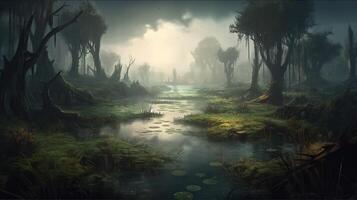 Swamp Fantasy Backdrop Concept Art Realistic Illustration Background with photo