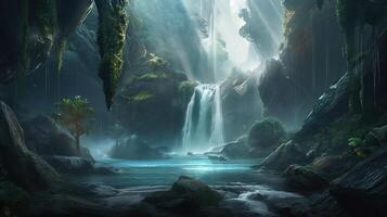Waterfall Fantasy Backdrop Concept Art Realistic Illustration Background with photo