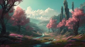 Spring Fantasy Backdrop Concept Art Realistic Illustration Background with photo