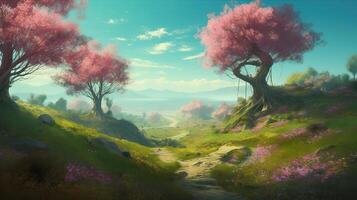 Spring Fantasy Backdrop Concept Art Realistic Illustration Background with photo